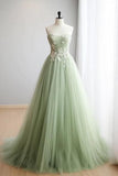 green A-line sweetheart neck tulle lace applique long prom dress, formal evening dress HZ1108