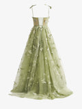 Green A-line Butterfly Lace Corset Prom Dress with Slit HZ1108