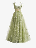 Green A-line Butterfly Lace Corset Prom Dress with Slit HZ1108