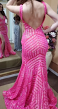 Deep V Neck Pink Sequins Mermaid Long Prom Dress HZ1108