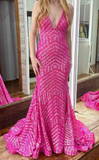 Deep V Neck Pink Sequins Mermaid Long Prom Dress HZ1108