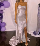 Mermaid Silver Strapless Beaded Long Prom Dress with Slit HZ1108