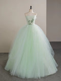 A-Line Tulle Lace Strapless Long Prom Dress, Tulle Green Long Formal Dress HZ1108