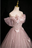 Pink Tulle Sequins Off the Shoulder Butterfly Flower Prom Dress HZ1108