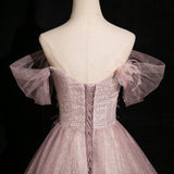 Pink Tulle Sequins Off the Shoulder Butterfly Flower Prom Dress HZ1108