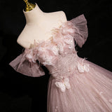 Pink Tulle Sequins Off the Shoulder Butterfly Flower Prom Dress HZ1108