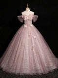 Pink Tulle Sequins Off the Shoulder Butterfly Flower Prom Dress HZ1108