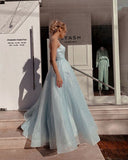Sky blue A-line spaghetti strap tulle simple long prom dress HZ1108