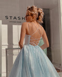 Sky blue A-line spaghetti strap tulle simple long prom dress HZ1108