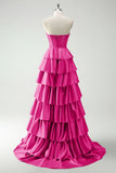 Fuchsia A-line strapless sweetheart neck satin simple long prom dress HZ1108