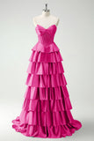 Fuchsia A-line strapless sweetheart neck satin simple long prom dress HZ1108