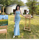 Blue Mermaid Spaghetti Strap Simple Long Prom Dress HZ1108