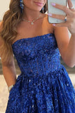 A-line Sequined Lace Strapless Long Prom Dress with Pocketss HZ1108