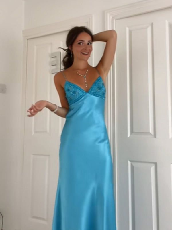 Elegant Blue?? Spaghetti Strap Mermaid Gown for Prom&Party Sleeveless Satin Vintage Formal Evening Dress HZ1108