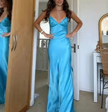 Elegant Blue?? Spaghetti Strap Mermaid Gown for Prom&Party Sleeveless Satin Vintage Formal Evening Dress HZ1108