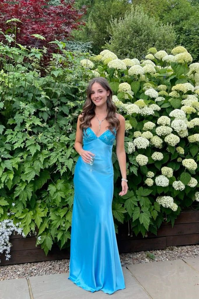 Elegant Blue?? Spaghetti Strap Mermaid Gown for Prom&Party Sleeveless Satin Vintage Formal Evening Dress HZ1108