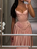 Elegant Spaghetti Straps A Line Prom Dress Satin Pink Long Bridesmaid Dresses HZ1108