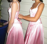 Elegant Spaghetti Straps A Line Prom Dress Satin Pink Long Bridesmaid Dresses HZ1108