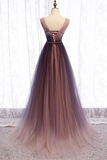 A-Line Deep V neck Pleated Purple Tulle Formal Prom Dress Flowing HZ1108