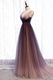 A-Line Deep V neck Pleated Purple Tulle Formal Prom Dress Flowing HZ1108