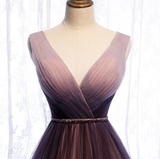 A-Line Deep V neck Pleated Purple Tulle Formal Prom Dress Flowing HZ1108