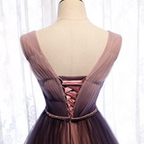 A-Line Deep V neck Pleated Purple Tulle Formal Prom Dress Flowing HZ1108