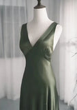 Charming A-Line Dark Green SatinV-Neckline Low Back Prom Dress, Dark Green Formal Dress HZ1108