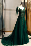 Green A-line V-Neck Tulle Beaded Long Prom Dress, Elegant Spaghetti Straps Lace Evening Dress HZ1108
