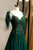 Green A-line V-Neck Tulle Beaded Long Prom Dress, Elegant Spaghetti Straps Lace Evening Dress HZ1108