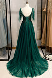 Green A-line V-Neck Tulle Beaded Long Prom Dress, Elegant Spaghetti Straps Lace Evening Dress HZ1108