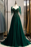 Green A-line V-Neck Tulle Beaded Long Prom Dress, Elegant Spaghetti Straps Lace Evening Dress HZ1108