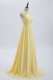 Cross Front Pale Yellow Pleated Chiffon Long Bridesmaid Dress Long Prom Dress HZ1108
