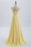 Cross Front Pale Yellow Pleated Chiffon Long Bridesmaid Dress Long Prom Dress HZ1108