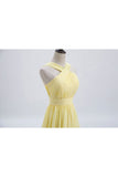 Cross Front Pale Yellow Pleated Chiffon Long Bridesmaid Dress Long Prom Dress HZ1108