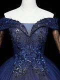 Navy Blue A-Line Tulle Beading Off Shoulder Party Dress, Navy Blue Lace Applique Sequin Prom Dress HZ1108