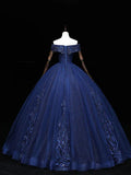 Navy Blue A-Line Tulle Beading Off Shoulder Party Dress, Navy Blue Lace Applique Sequin Prom Dress HZ1108