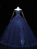 Navy Blue A-Line Tulle Beading Off Shoulder Party Dress, Navy Blue Lace Applique Sequin Prom Dress HZ1108
