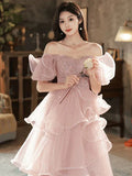 Pink A-line Off Shoulder Tulle Sequins Long Prom Dress, Pink Sweet 16 Dress HZ1108