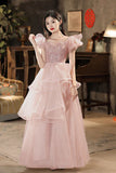 Pink A-line Off Shoulder Tulle Sequins Long Prom Dress, Pink Sweet 16 Dress HZ1108