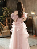 Pink A-line Off Shoulder Tulle Sequins Long Prom Dress, Pink Sweet 16 Dress HZ1108