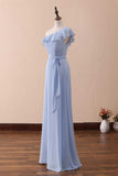 Periwinkle A-Line One-Shoulder Ruffled Chiffon Long Bridesmaid Dress Prom Dress HZ1108