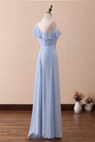 Periwinkle A-Line One-Shoulder Ruffled Chiffon Long Bridesmaid Dress Prom Dress HZ1108