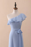 Periwinkle A-Line One-Shoulder Ruffled Chiffon Long Bridesmaid Dress Prom Dress HZ1108