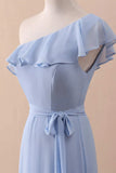 Periwinkle A-Line One-Shoulder Ruffled Chiffon Long Bridesmaid Dress Prom Dress HZ1108