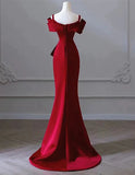 Burgundy Mermaid Off Shoulder Satin Long Prom Dress Dress, Simple Evening Dress HZ1108