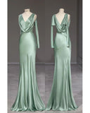 Sage Mermaid Satin V-neck Long Prom Dress Dress, Simple Evening Dress HZ1108