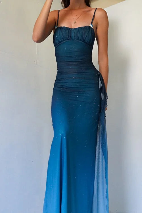 Unique?? Gradient Blue Mermaid Gown for Party&Quinceanera- Spaghetti Straps Glitter Chiffon Long Prom&Evening Dress HZ1108