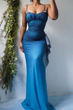 Unique?? Gradient Blue Mermaid Gown for Party&Quinceanera- Spaghetti Straps Glitter Chiffon Long Prom&Evening Dress HZ1108