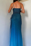 Unique?? Gradient Blue Mermaid Gown for Party&Quinceanera- Spaghetti Straps Glitter Chiffon Long Prom&Evening Dress HZ1108