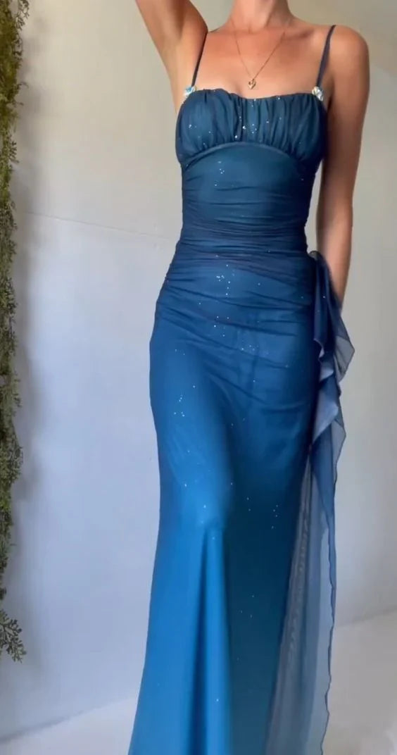 Unique?? Gradient Blue Mermaid Gown for Party&Quinceanera- Spaghetti Straps Glitter Chiffon Long Prom&Evening Dress HZ1108
